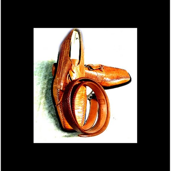 New Rare & Unique Hand-made Real Lizard Leather Shoes & Belt Set